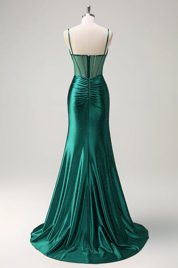 Sparkly Dark Green Mermaid Spaghetti Straps Corset Beaded Long Prom Dress with Slit